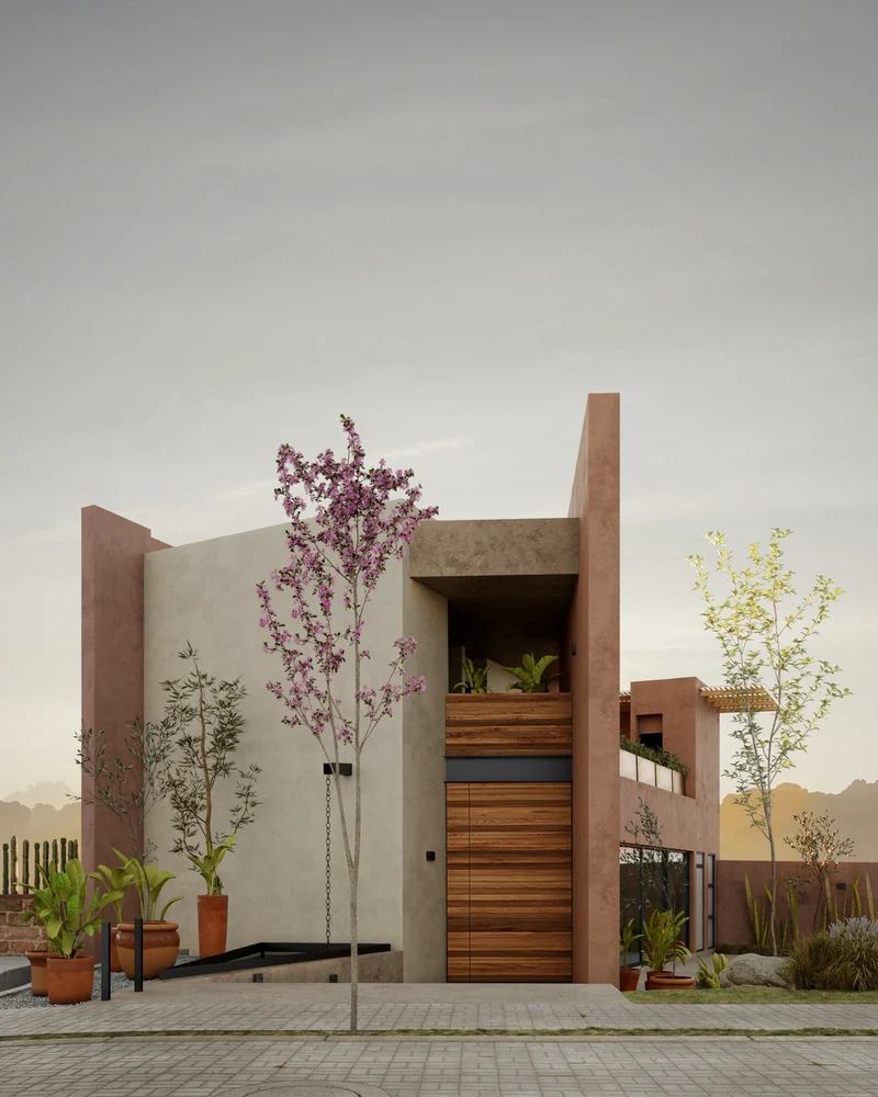 CG study of a modern courtyard house with wooden door and trees
